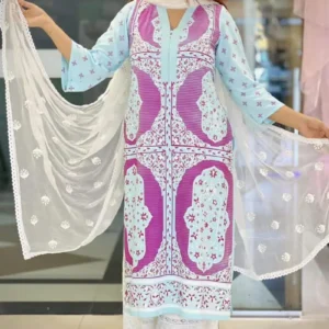 Sky Blue Viscose Screen Printed Single Kameez